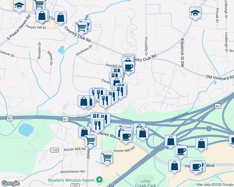 map of restaurants, bars, coffee shops, grocery stores, and more near 355 Jonestown Road in Winston-Salem