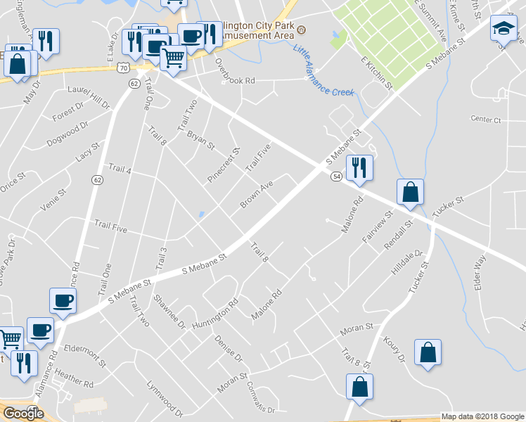 map of restaurants, bars, coffee shops, grocery stores, and more near 1805 South Mebane Street in Burlington