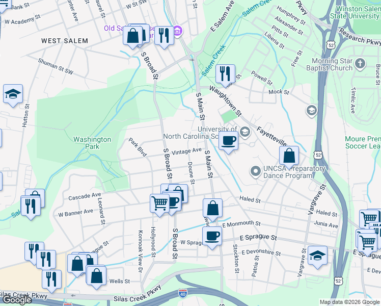 map of restaurants, bars, coffee shops, grocery stores, and more near 27 Gloria Avenue in Winston-Salem