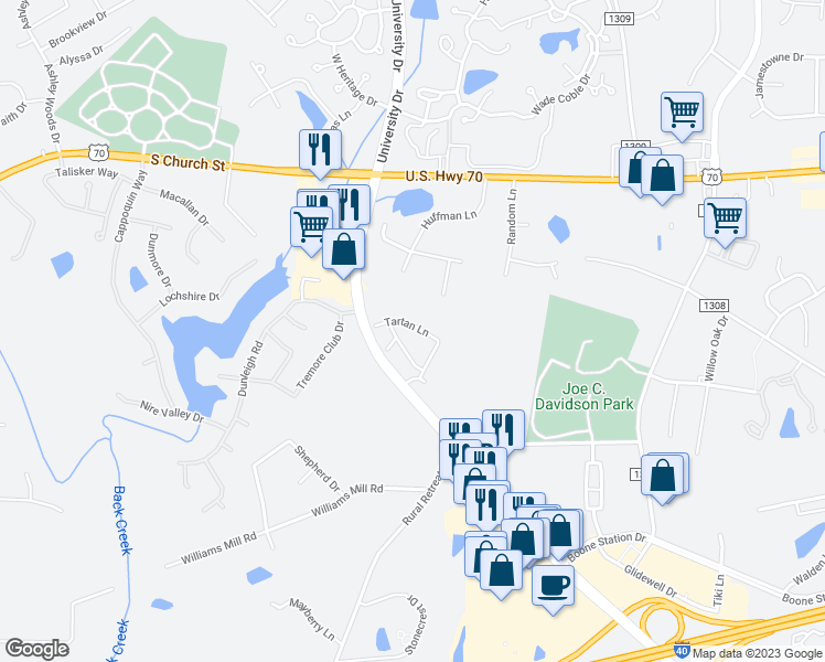 map of restaurants, bars, coffee shops, grocery stores, and more near 3730 Tartan Lane in Burlington