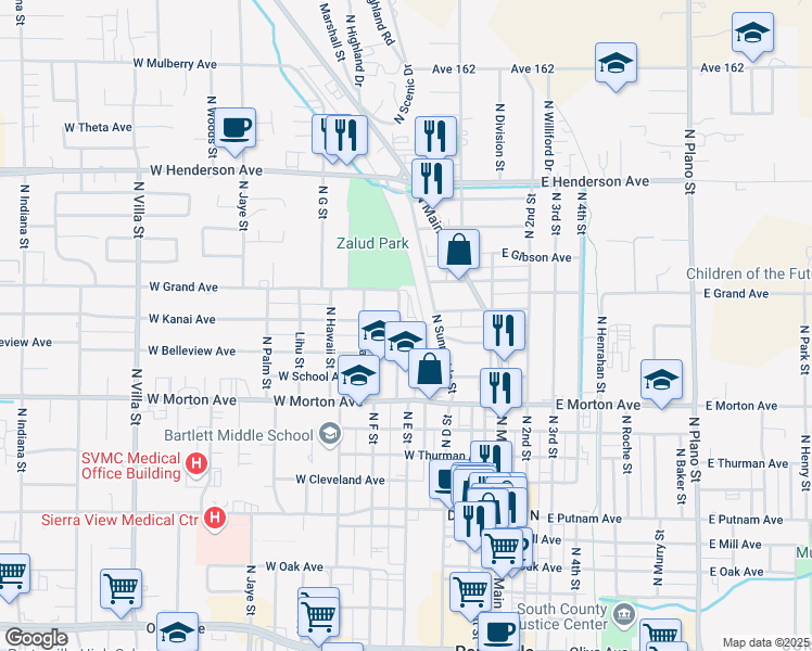 map of restaurants, bars, coffee shops, grocery stores, and more near 534 North E Street in Porterville