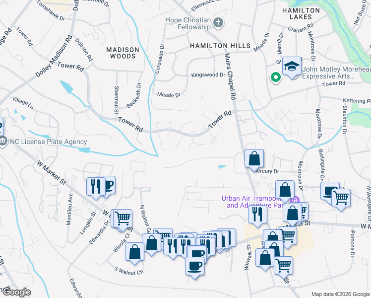 map of restaurants, bars, coffee shops, grocery stores, and more near 5000 Kenview Street in Greensboro