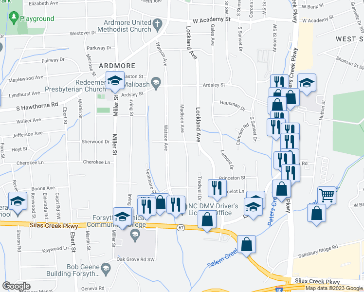 map of restaurants, bars, coffee shops, grocery stores, and more near 1104 Madison Avenue in Winston-Salem