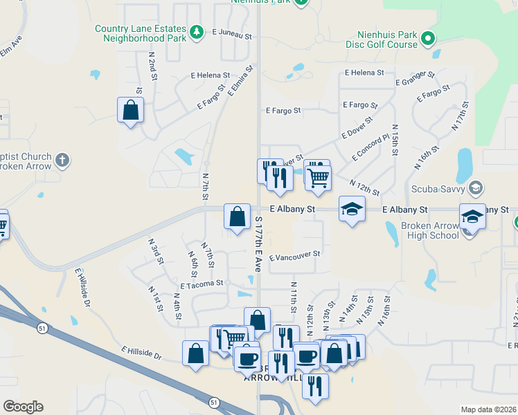 map of restaurants, bars, coffee shops, grocery stores, and more near S Lynn Lane Rd & East 61st St S in Broken Arrow
