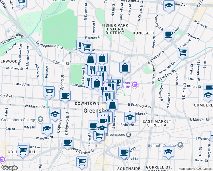 map of restaurants, bars, coffee shops, grocery stores, and more near 233 North Elm Street in Greensboro