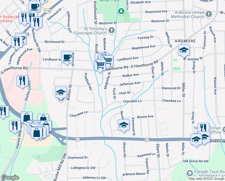 map of restaurants, bars, coffee shops, grocery stores, and more near 1114 Ford Street in Winston-Salem