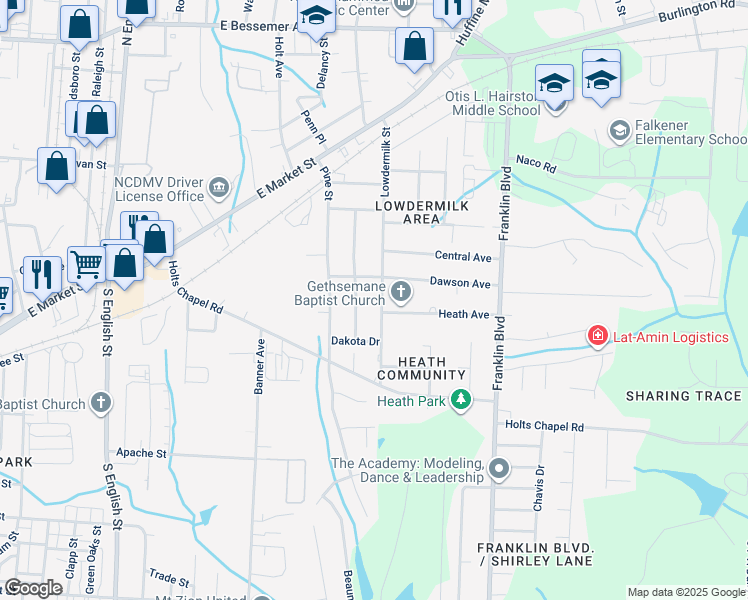 map of restaurants, bars, coffee shops, grocery stores, and more near 710 Lowdermilk Street in Greensboro