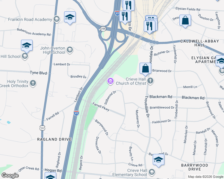 map of restaurants, bars, coffee shops, grocery stores, and more near 4916 Stillwood Drive in Nashville