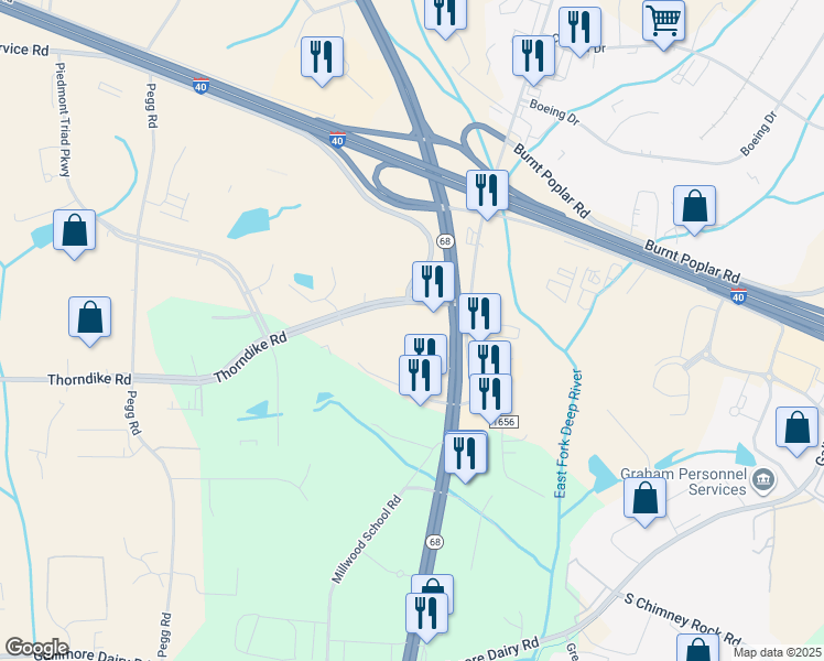 map of restaurants, bars, coffee shops, grocery stores, and more near 238 North Carolina 68 in Greensboro