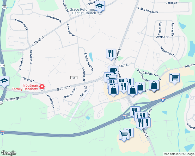 map of restaurants, bars, coffee shops, grocery stores, and more near 948 South Fifth Street in Mebane