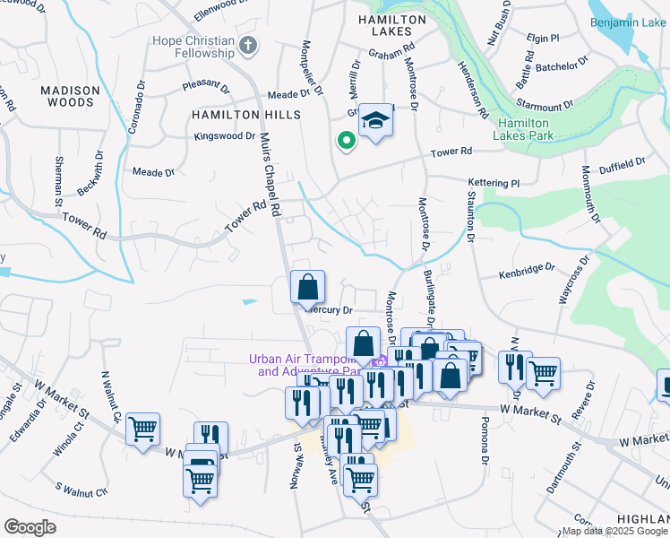 map of restaurants, bars, coffee shops, grocery stores, and more near 303 Edwards Road in Greensboro