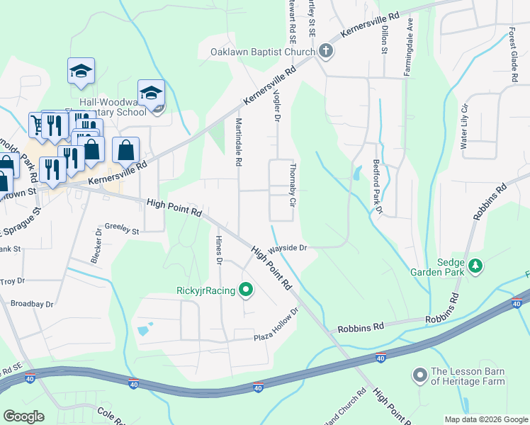 map of restaurants, bars, coffee shops, grocery stores, and more near 3900 Thornaby Circle in Winston-Salem