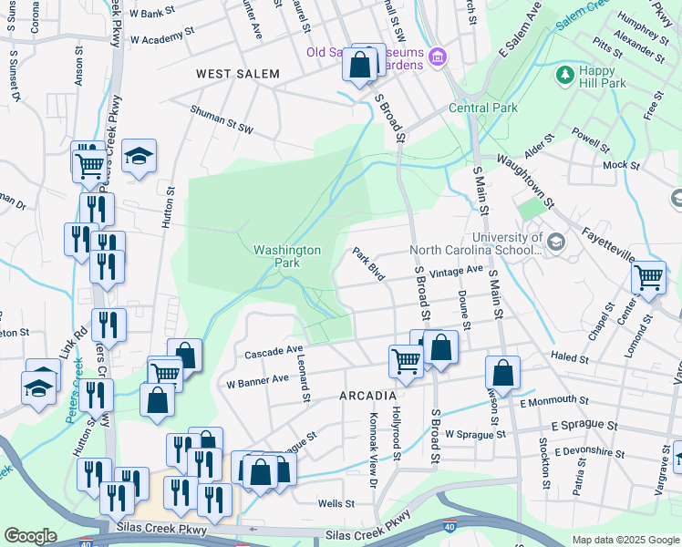 map of restaurants, bars, coffee shops, grocery stores, and more near 134 Park Boulevard in Winston-Salem