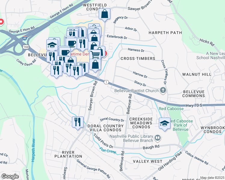 map of restaurants, bars, coffee shops, grocery stores, and more near 616 Parkvue Place Drive in Nashville