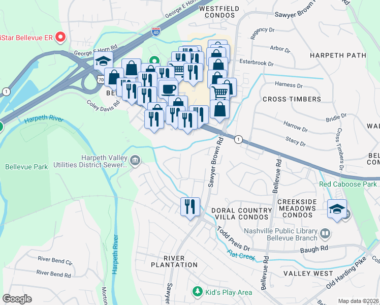 map of restaurants, bars, coffee shops, grocery stores, and more near 8207 Sawyer Brown Road in Nashville