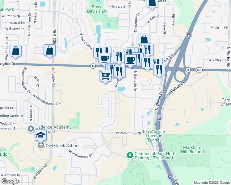 map of restaurants, bars, coffee shops, grocery stores, and more near 707 North Salem Road in Fayetteville