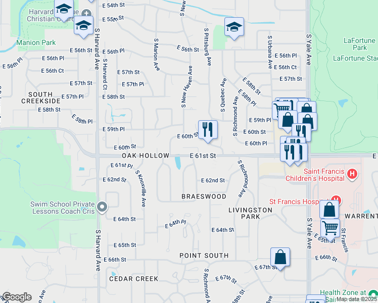 map of restaurants, bars, coffee shops, grocery stores, and more near 6106 South Oswego Avenue in Tulsa