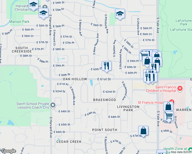 map of restaurants, bars, coffee shops, grocery stores, and more near 6106 South Oswego Avenue in Tulsa