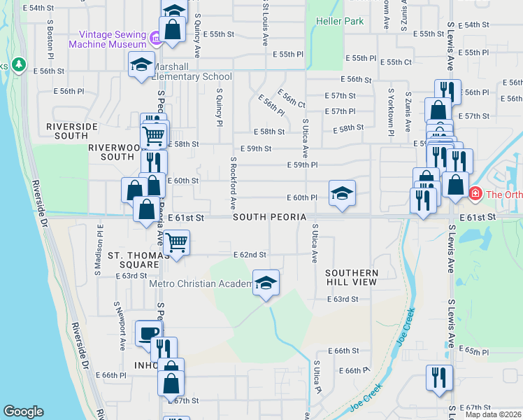 map of restaurants, bars, coffee shops, grocery stores, and more near 1526 East 61st Street in Tulsa