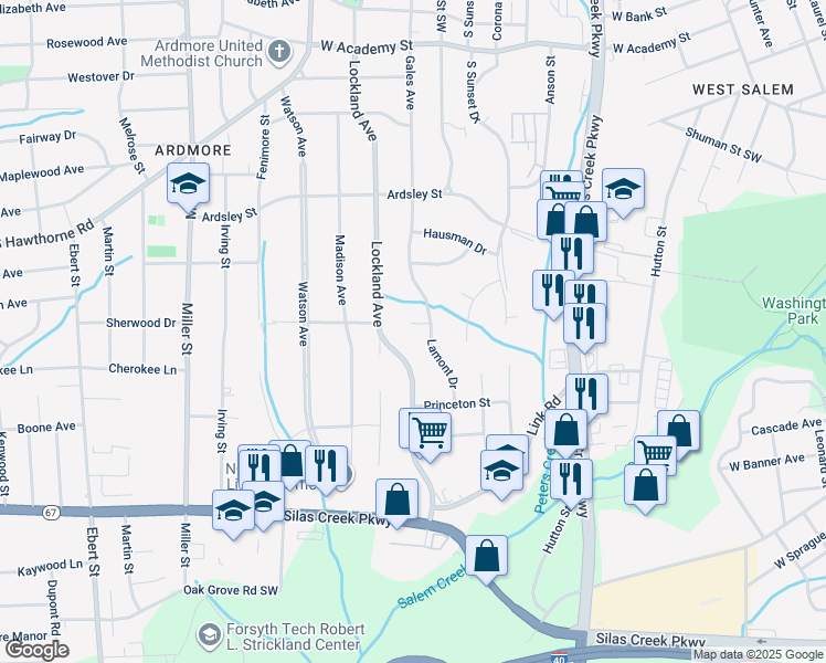 map of restaurants, bars, coffee shops, grocery stores, and more near 1704 Gales Court in Winston-Salem