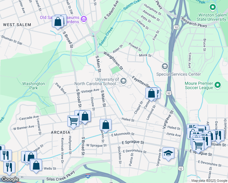 map of restaurants, bars, coffee shops, grocery stores, and more near in Winston-Salem