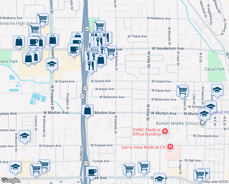 map of restaurants, bars, coffee shops, grocery stores, and more near 495 North Indiana Street in Porterville