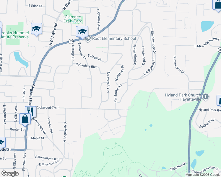 map of restaurants, bars, coffee shops, grocery stores, and more near 933 Pembroke Road in Fayetteville