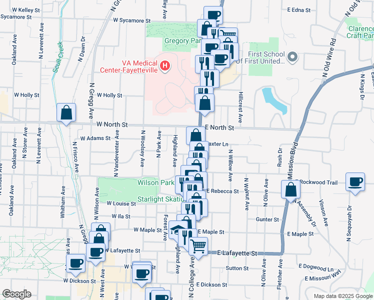 map of restaurants, bars, coffee shops, grocery stores, and more near 41 E Cleburn St in Fayetteville