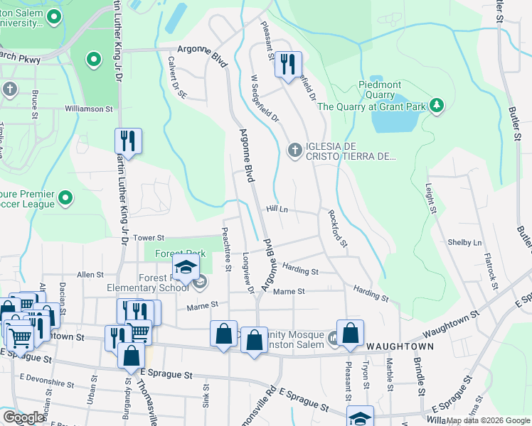 map of restaurants, bars, coffee shops, grocery stores, and more near 1630 Hill Court in Winston-Salem