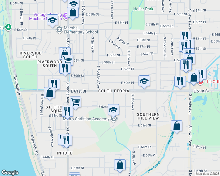 map of restaurants, bars, coffee shops, grocery stores, and more near 1526 East 61st Street in Tulsa