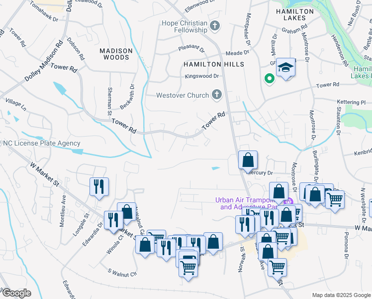 map of restaurants, bars, coffee shops, grocery stores, and more near 4847 Tower Road in Greensboro
