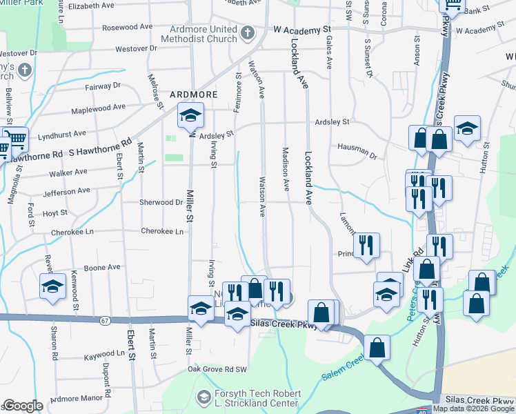 map of restaurants, bars, coffee shops, grocery stores, and more near 1116 Watson Avenue in Winston-Salem