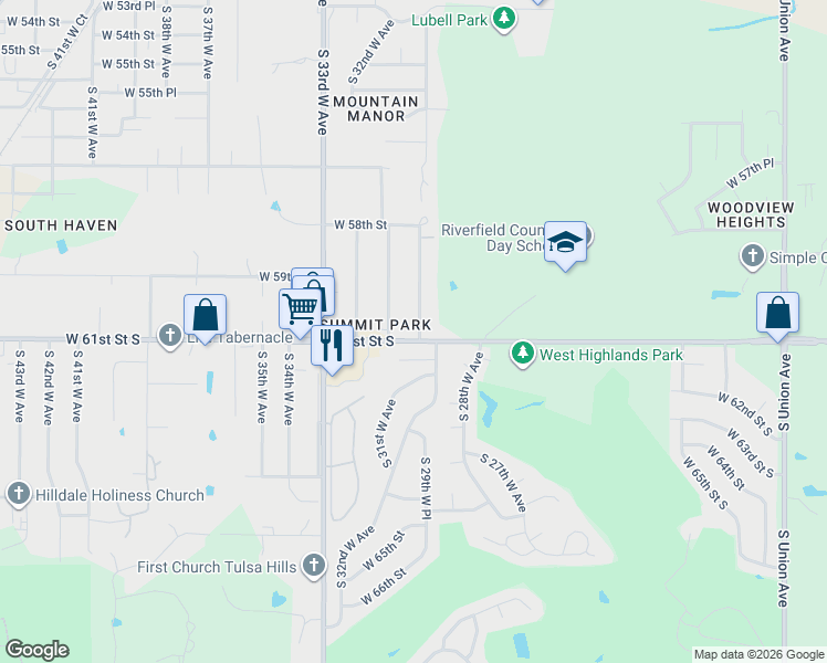 map of restaurants, bars, coffee shops, grocery stores, and more near 2901 West 61st Place in Tulsa