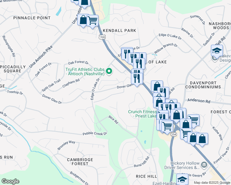 map of restaurants, bars, coffee shops, grocery stores, and more near 363 Dover Glen Drive in Nashville