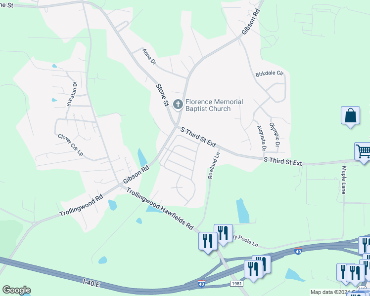 map of restaurants, bars, coffee shops, grocery stores, and more near 1110 Copper Circle in Mebane