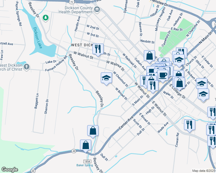 map of restaurants, bars, coffee shops, grocery stores, and more near 120 West Broad Street in Dickson