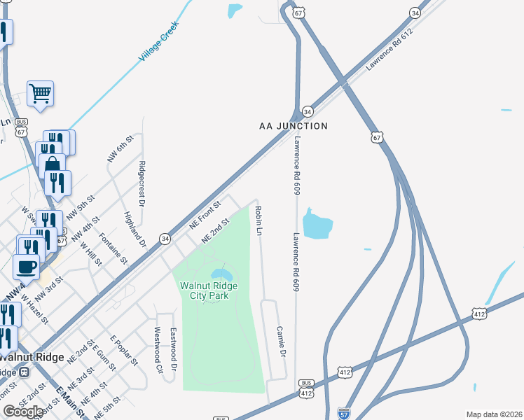 map of restaurants, bars, coffee shops, grocery stores, and more near 208 Robin Lane in Walnut Ridge