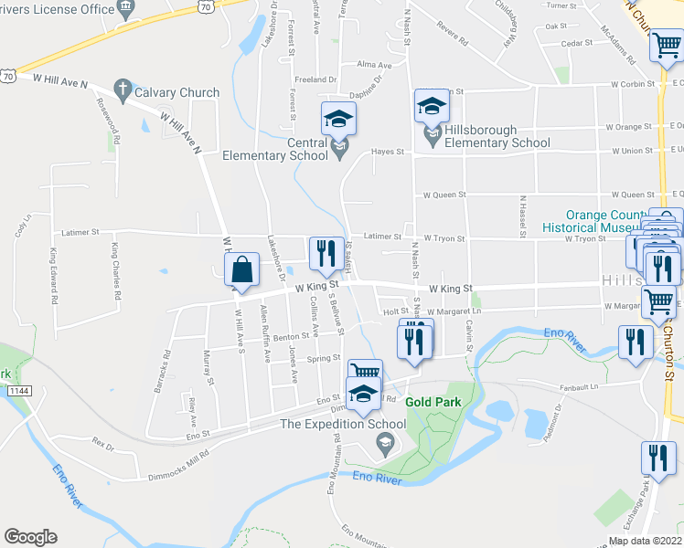 map of restaurants, bars, coffee shops, grocery stores, and more near 104 Hayes Street in Hillsborough