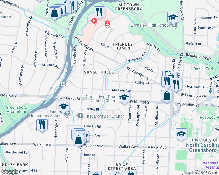 map of restaurants, bars, coffee shops, grocery stores, and more near 200 East Greenway Drive North in Greensboro