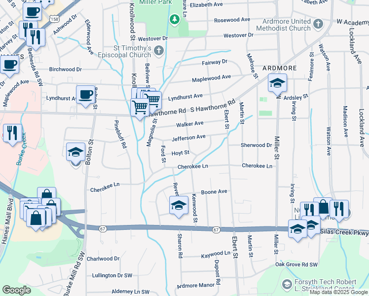 map of restaurants, bars, coffee shops, grocery stores, and more near 2410 Hoyt Street in Winston-Salem