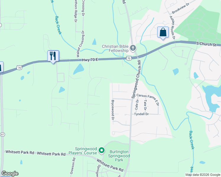 map of restaurants, bars, coffee shops, grocery stores, and more near 225 Brycewood Drive in Burlington