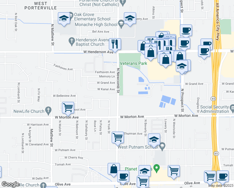 map of restaurants, bars, coffee shops, grocery stores, and more near 541 North Newcomb Street in Porterville