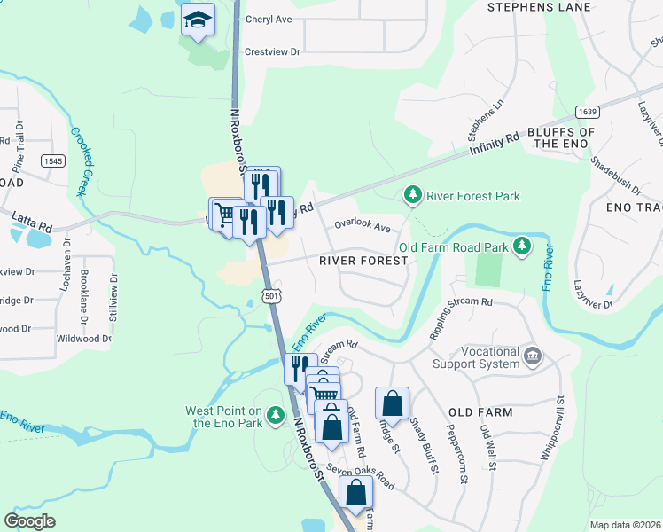 map of restaurants, bars, coffee shops, grocery stores, and more near 4805 High Meadow Road in Durham