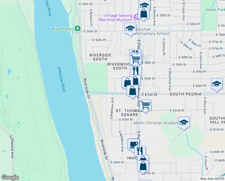map of restaurants, bars, coffee shops, grocery stores, and more near 6030 South Madison Place in Tulsa