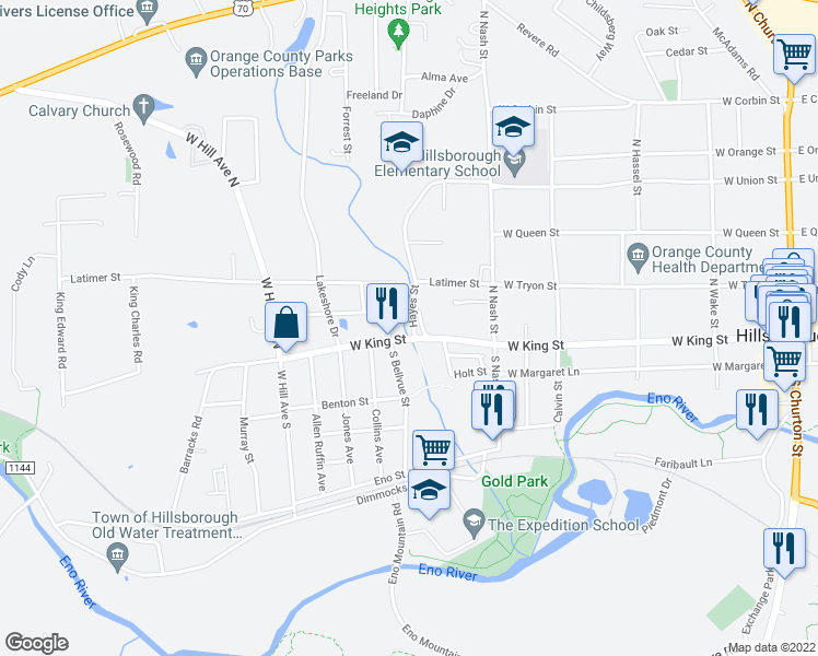 map of restaurants, bars, coffee shops, grocery stores, and more near 104 Hayes Street in Hillsborough