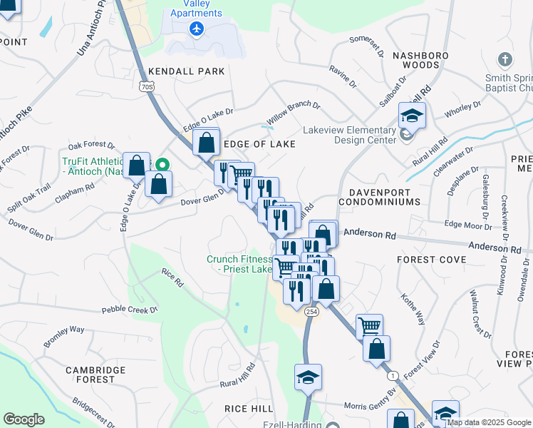 map of restaurants, bars, coffee shops, grocery stores, and more near 2591 Murfreesboro Pike in Nashville