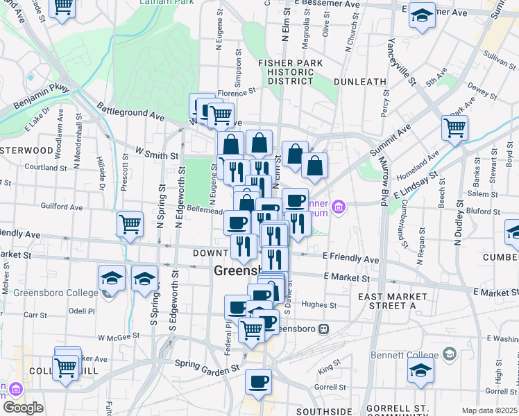 map of restaurants, bars, coffee shops, grocery stores, and more near 233 North Elm Street in Greensboro