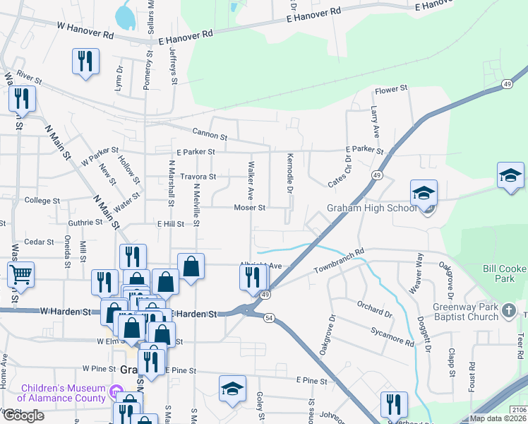 map of restaurants, bars, coffee shops, grocery stores, and more near 407 Moser Street in Graham