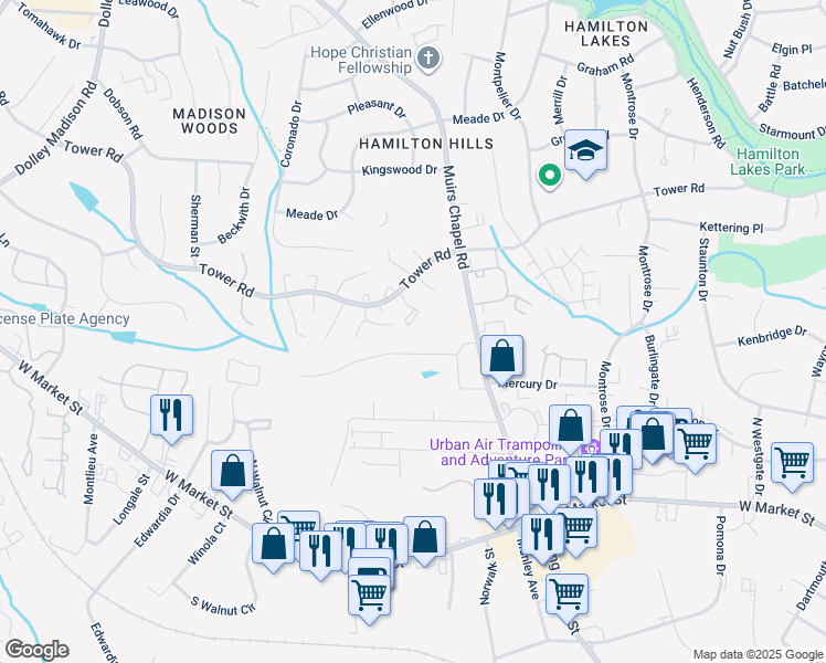 map of restaurants, bars, coffee shops, grocery stores, and more near 4827 Tower Road in Greensboro