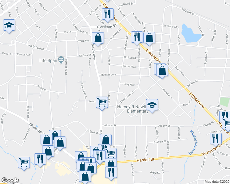 map of restaurants, bars, coffee shops, grocery stores, and more near 408 Shoffner Avenue in Burlington